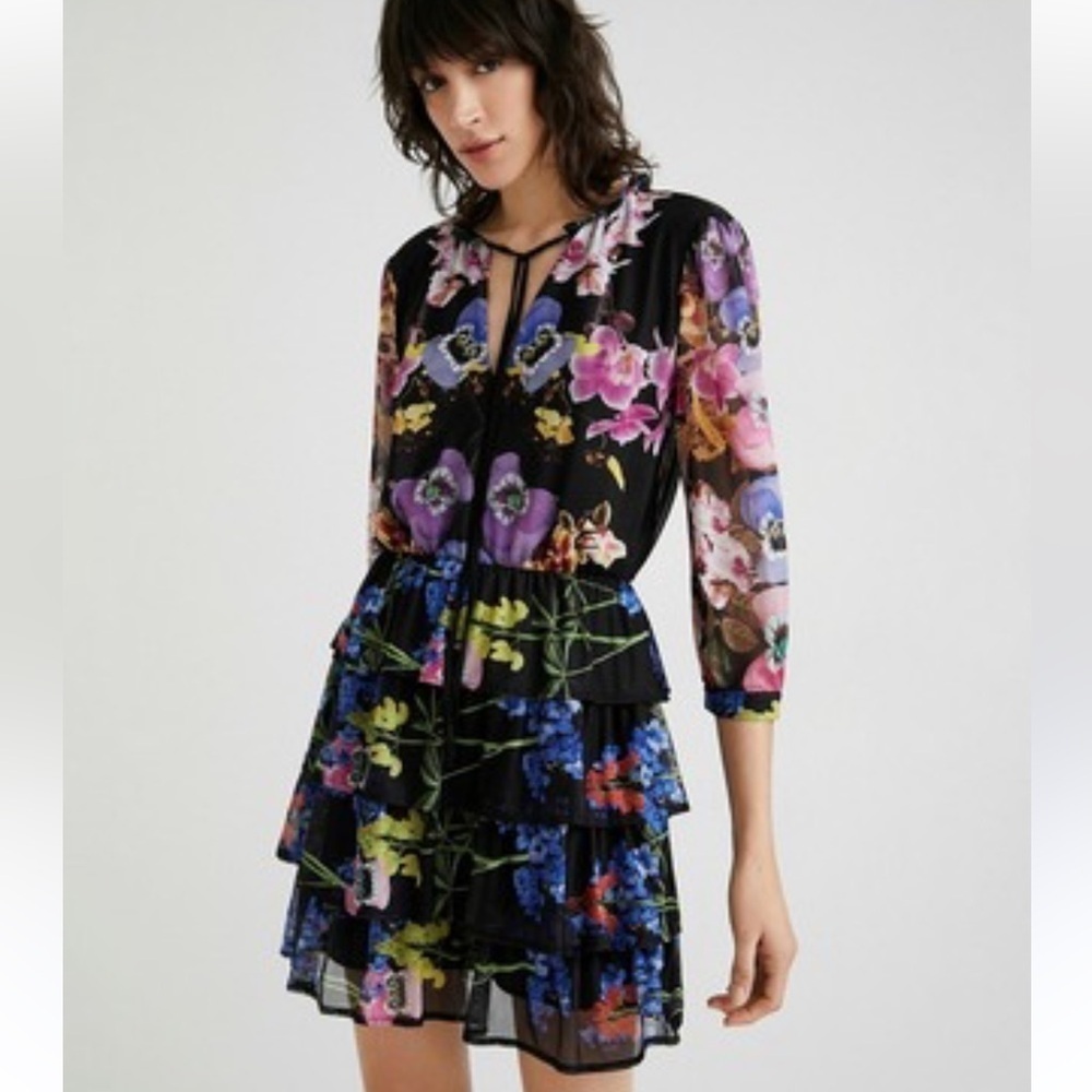 Desigual Lacroix Floral Knee Length Dress XS Multicolor Long Sleeve Ruffle - Picture 8 of 11